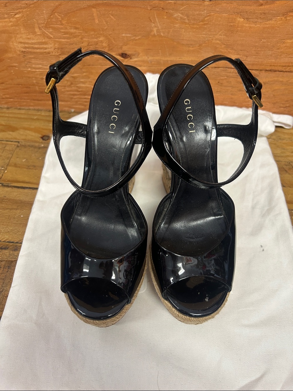 Gucci Black Patent Cork Espadrille Wedge Sandals - Women size 6 - Picture 4 of 6